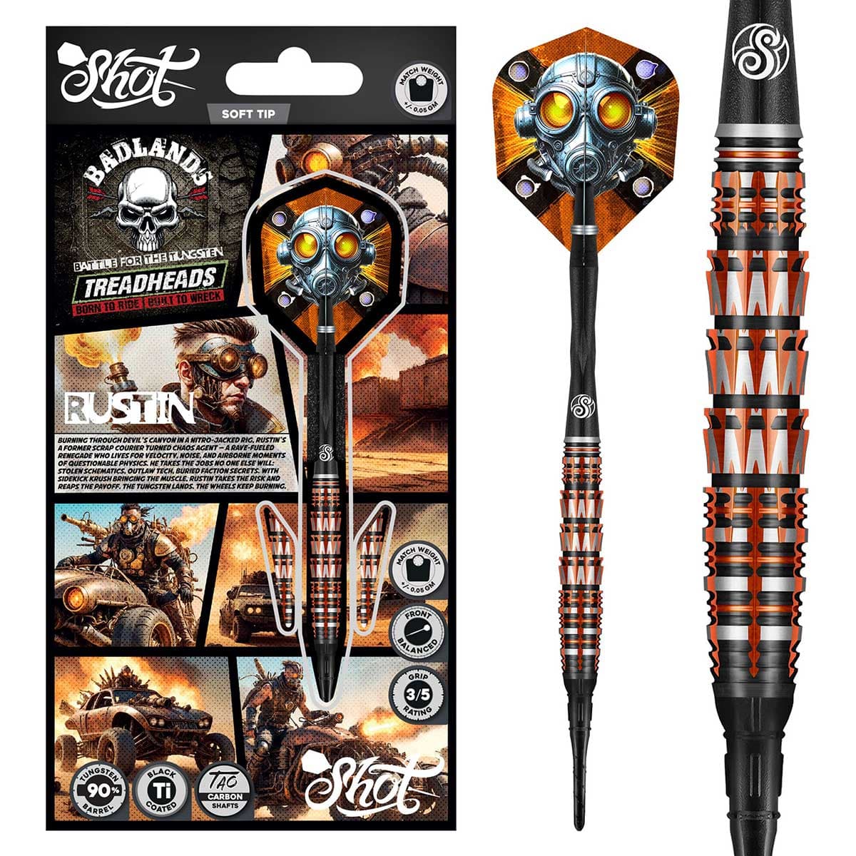 Shot Darts Badlands Rustin Soft Tip Dart Set-90% Tungsten Barrels-20gm