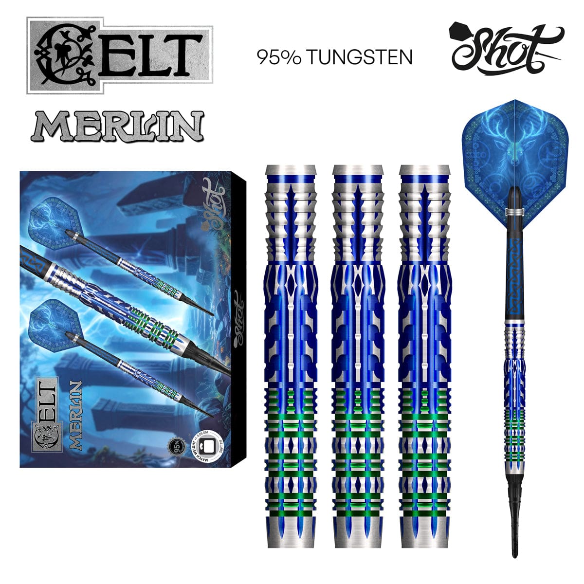Shot Darts Celt Merlin Soft Tip Dart Set-95% Tungsten Barrels-20gm