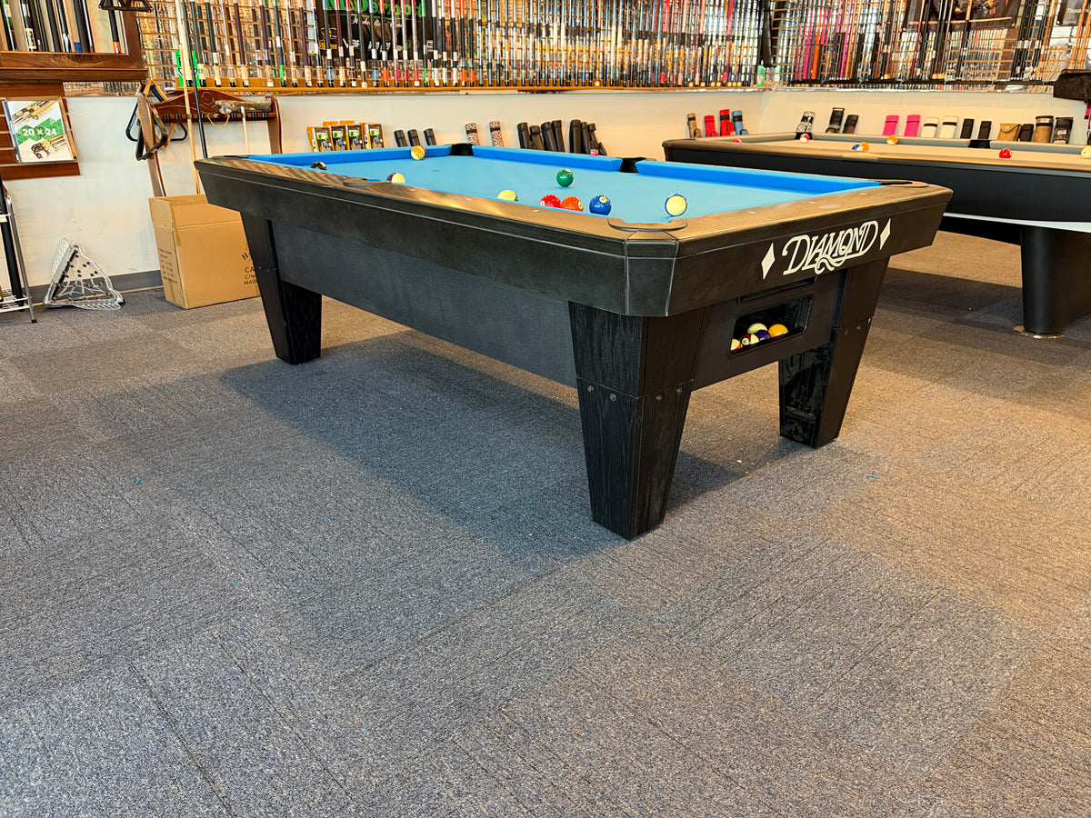 Used 7' Diamond Pro-Am pool table pedestal legs and balls on table