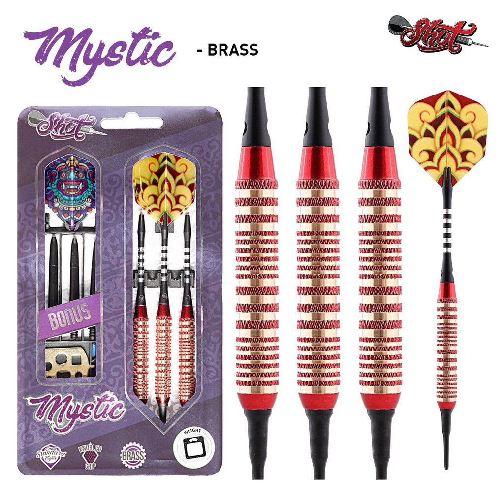 MYSTIC RED SOFT TIP DART SET-COLOUR PLATED BRASS 18g darts