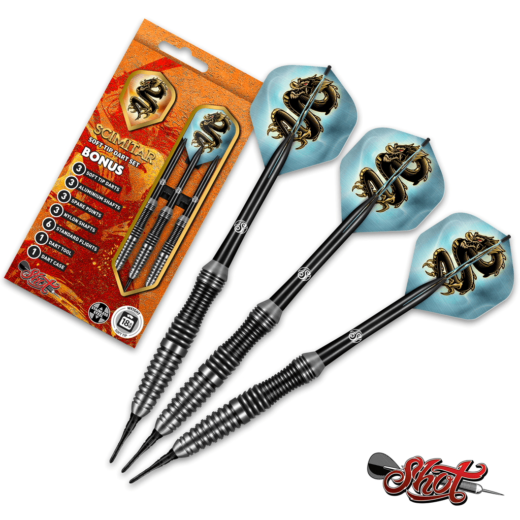 SHOT SCIMITAR SOFT TIP DARTS SET-PROFESSIONAL STAINLESS STEEL-18gm