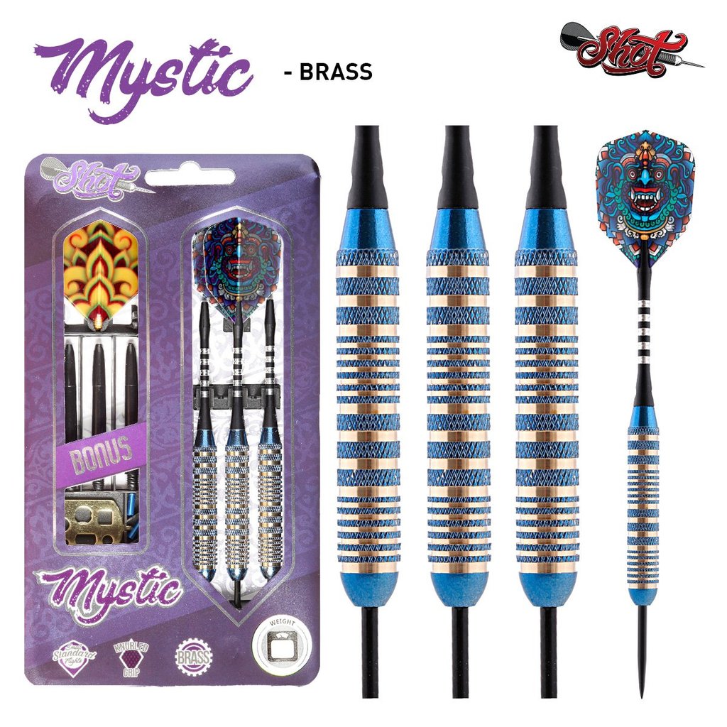 MYSTIC BLUE STEEL TIP DART SET-COLOUR PLATED BRASS BARRELS 25g darts