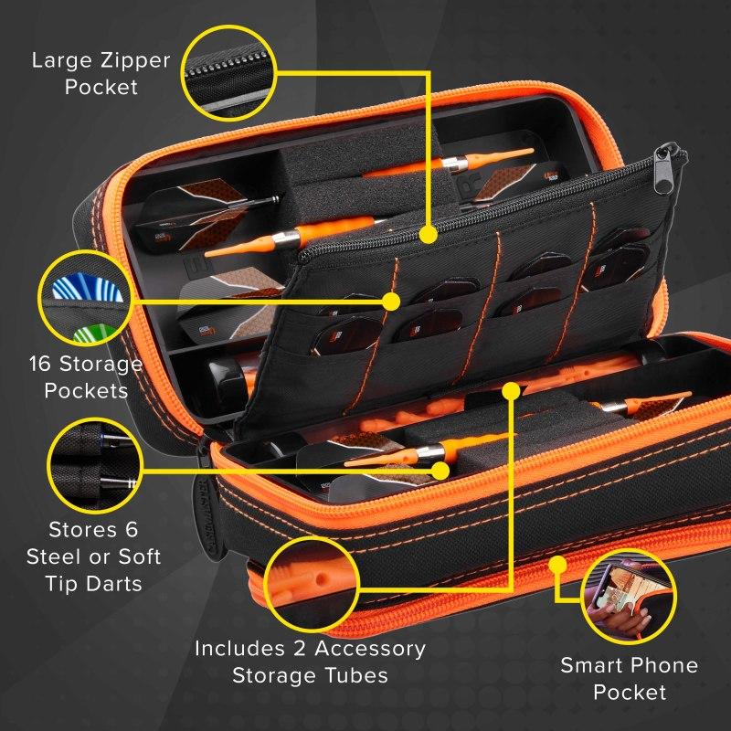 Casemaster Plazma Pro Dart Case Black with Orange Trim and Phone Pocket