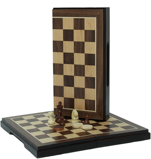 WE Games Magnetic Folding Chess & Checkers Set - Walnut Wood Finish - 8 inch for travel