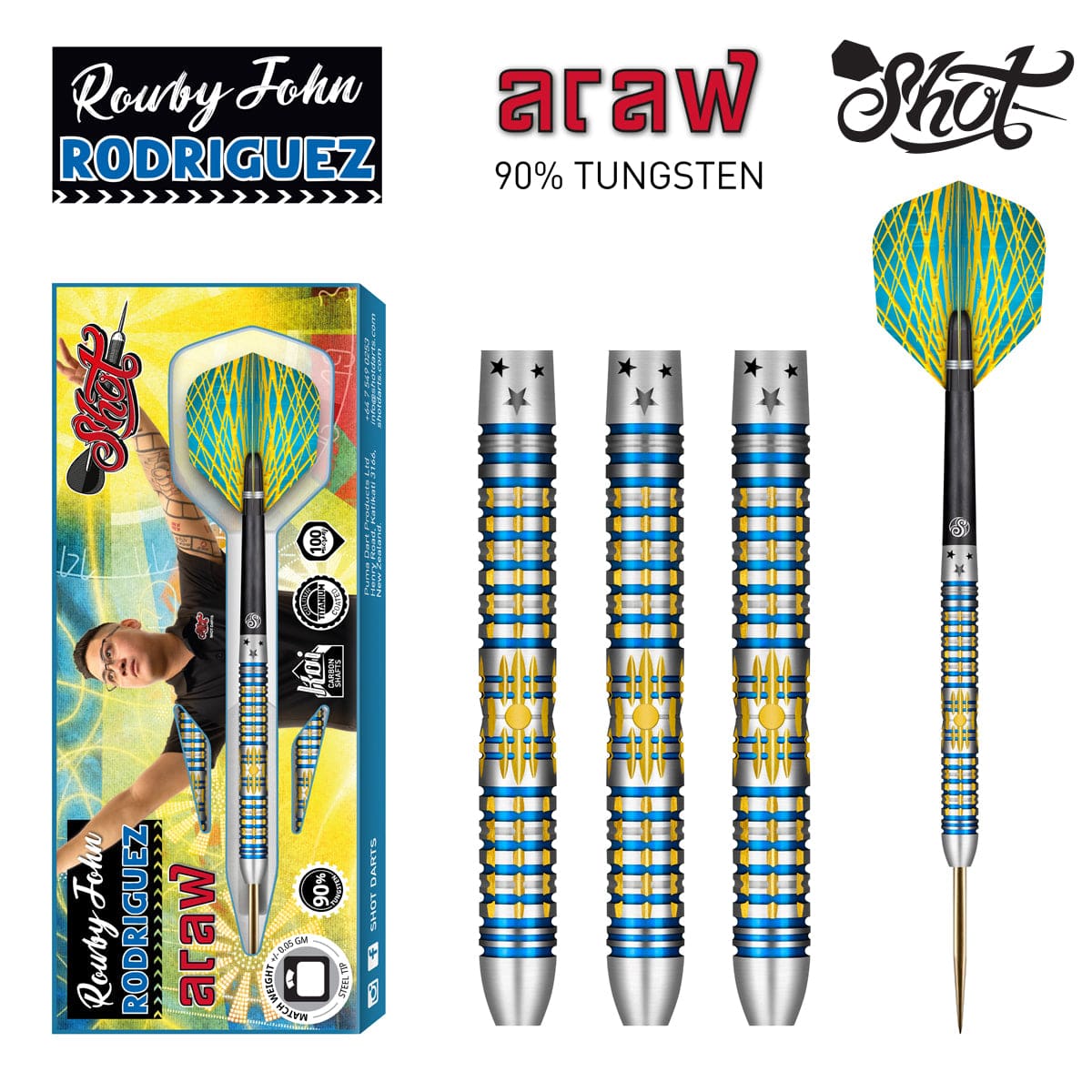Shot Darts Rowby-John Rodriguez Araw Steel Tip Dart Set-90% Tungsten