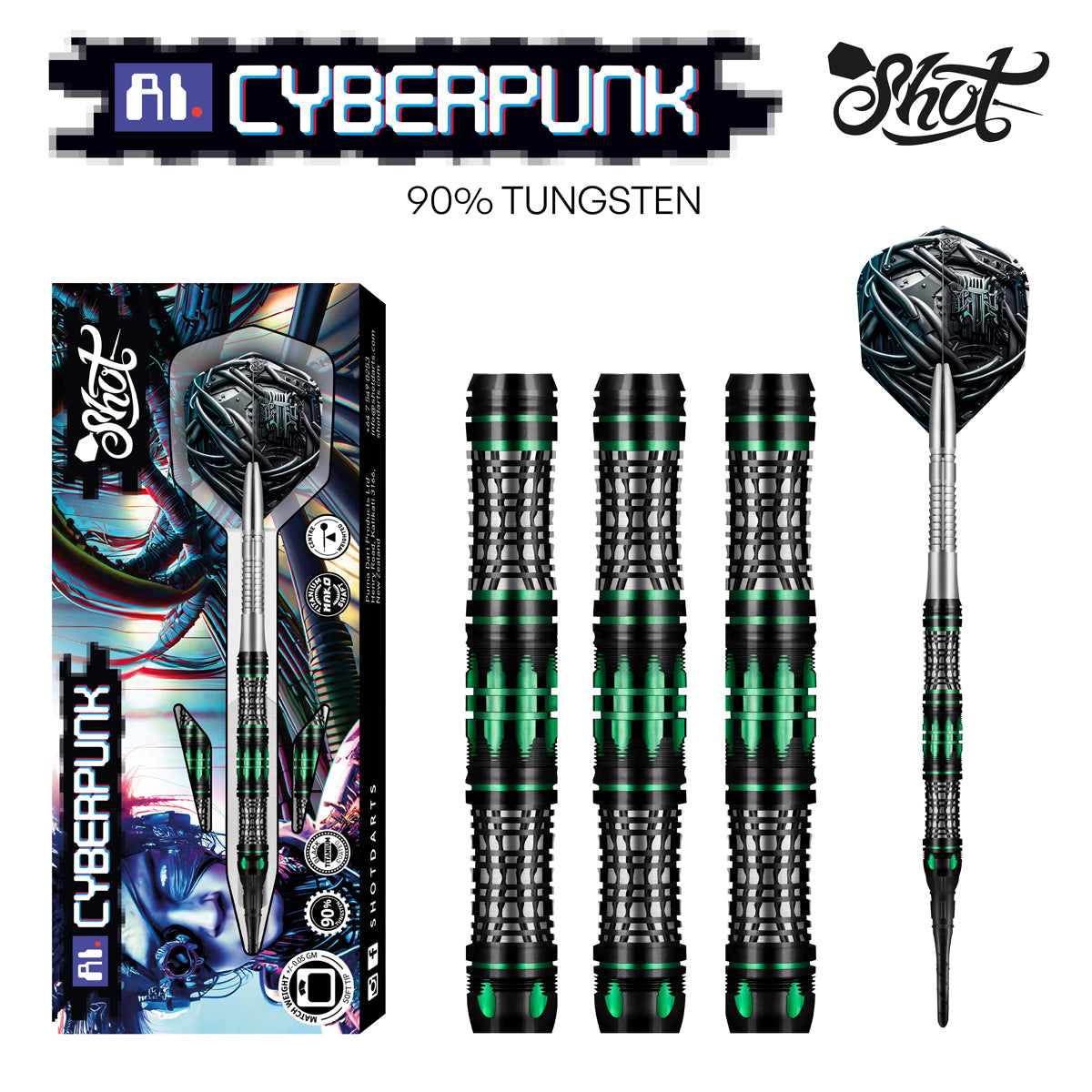 Shot Darts AI CYBERPUNK SOFT TIP DART SET - 90% TUNGSTEN BARRELS 20gm darts