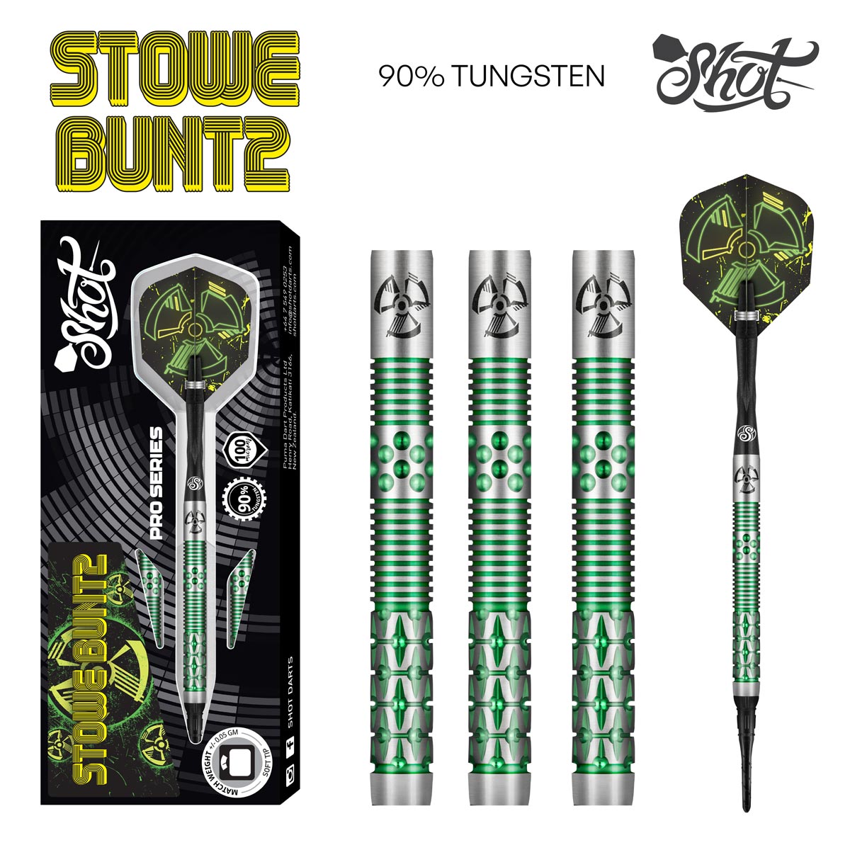 Shot Darts SHOT PRO SERIES - STOWE BUNTZ V2 SOFT TIP DART SET - 90% TUNGSTEN BARRELS 21gm