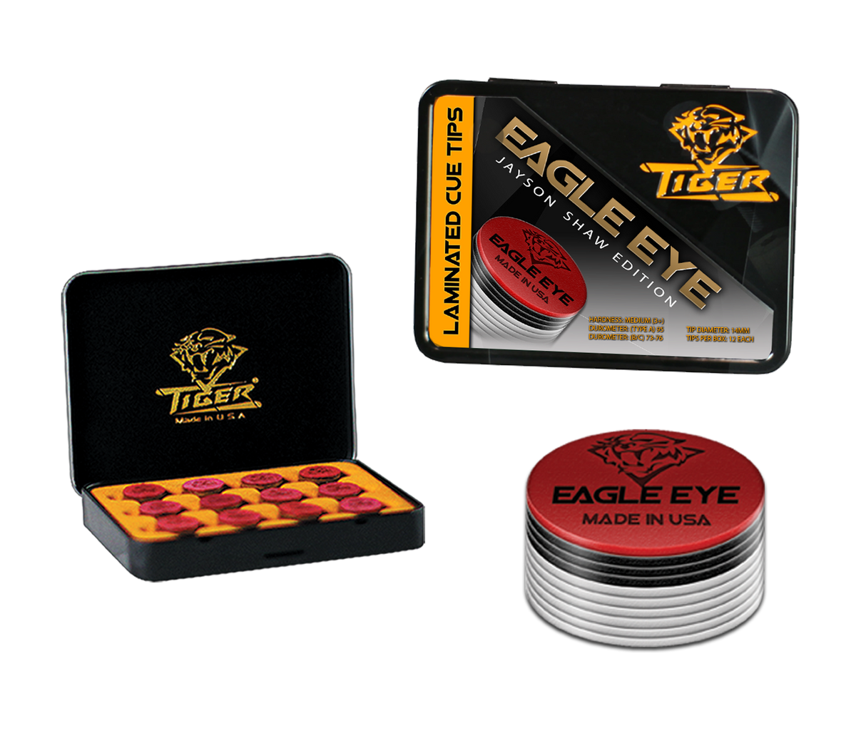 Tiger Eagle Eye laminated cue tip, Jayson Shaw Edition, with dealer tin
