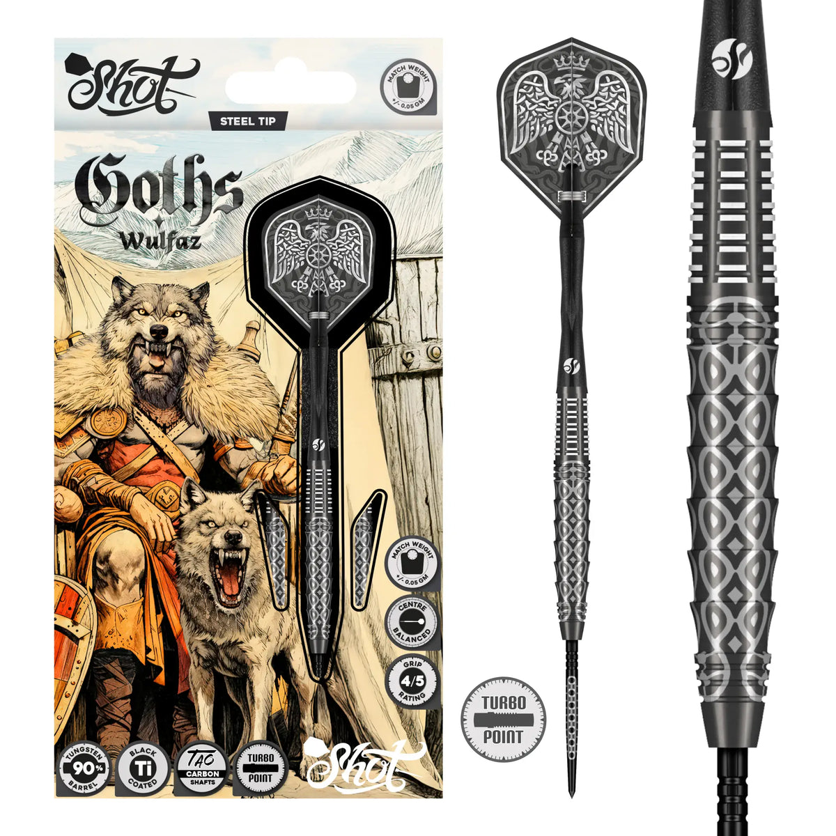 Shot Darts Goths Wulfaz Steel Tip Dart Set-90% Tungsten Barrels