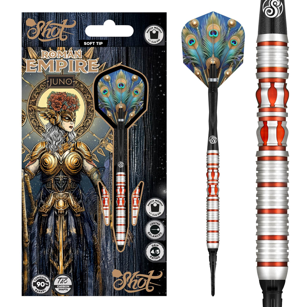 Shot Darts Roman Empire Juno Soft Tip Dart Set-90% Tungsten Barrels