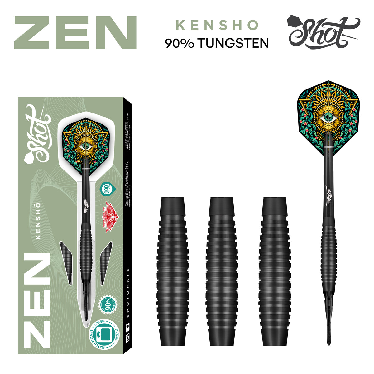 ZEN KENSHO SOFT TIP DART SET - 90% TUNGSTEN BARRELS