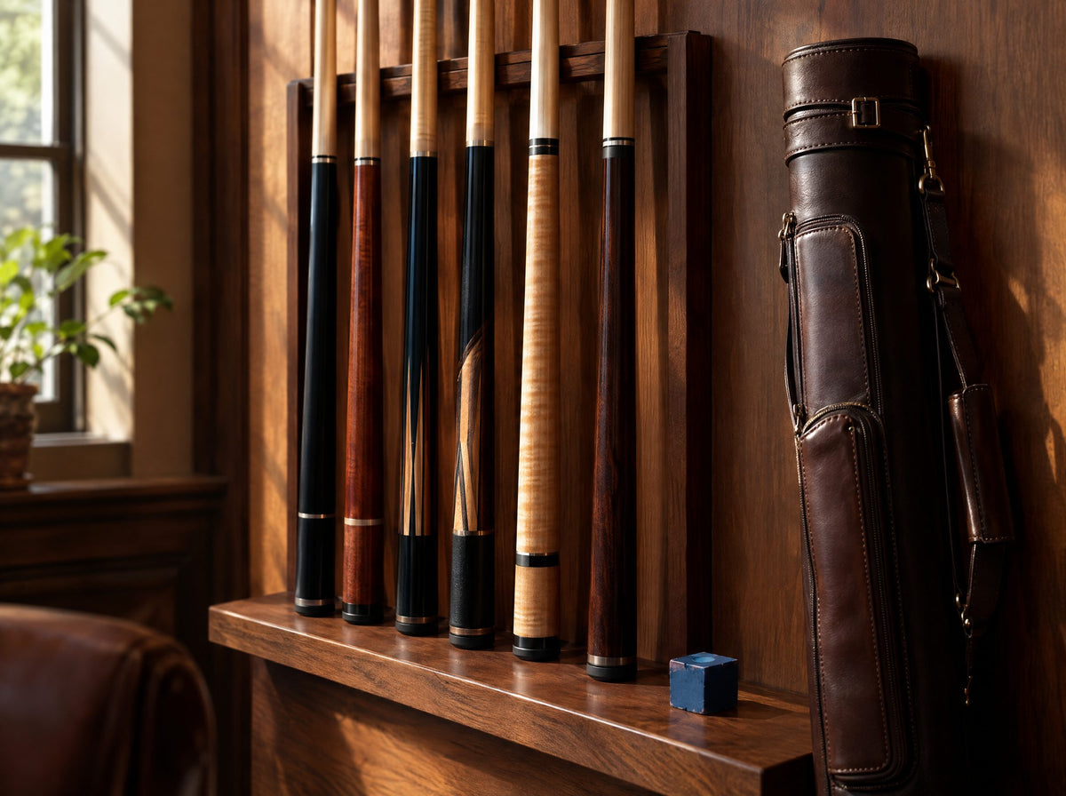 Pool cues in a wooden wall rack beside a leather cue case