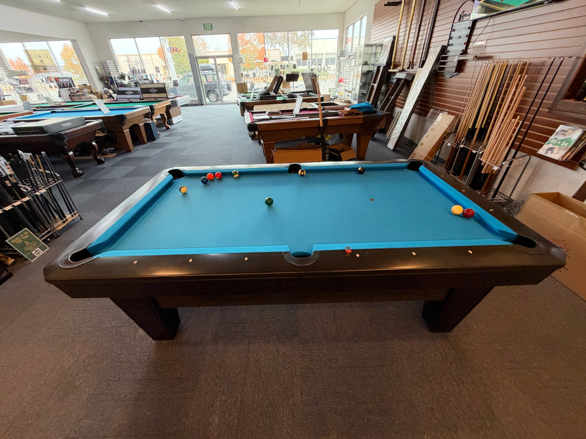 Used 7' Diamond Pro-Am pool table, black with blue cloth, Golden West Games showroom