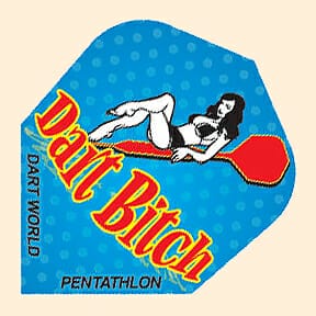 Pentathlon Aqua flight with light blue polka dots, red dart “Dart Bitch”