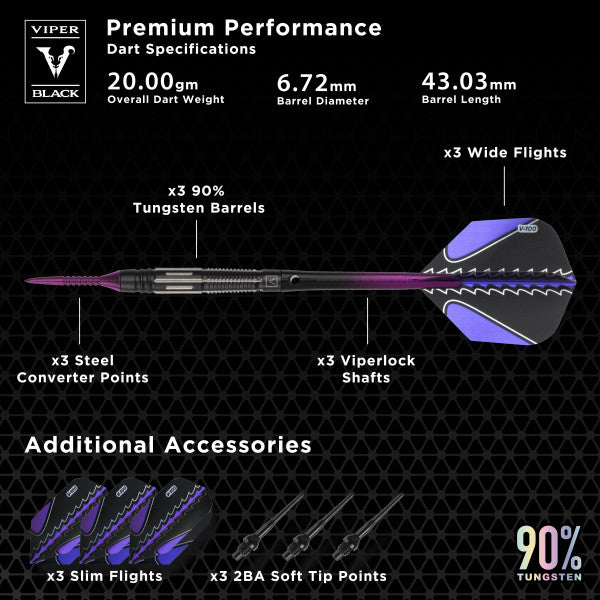 Viper Black Flux 90% Tungsten Steel or Soft Tip Conversion Darts Purple 20 Grams - view 6