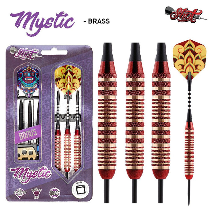 MYSTIC RED STEEL TIP DART SET-COLOUR PLATED BRASS BARRELS 23g