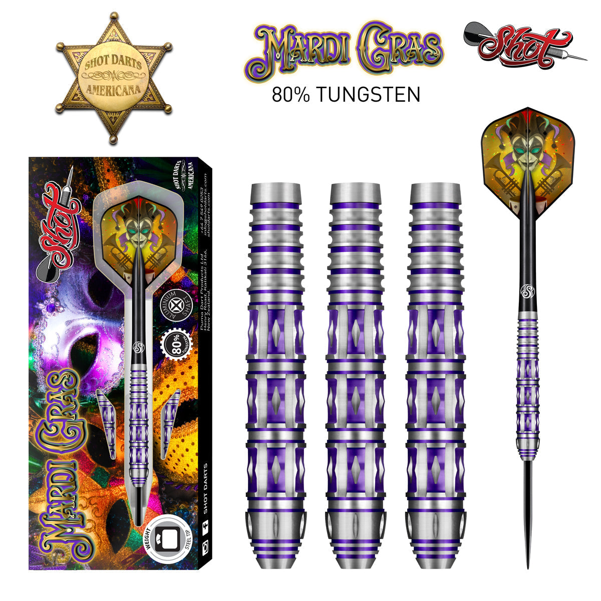 SHOT Americana Mardi Gras Steel Tip Dart Set-80% Tungsten darts