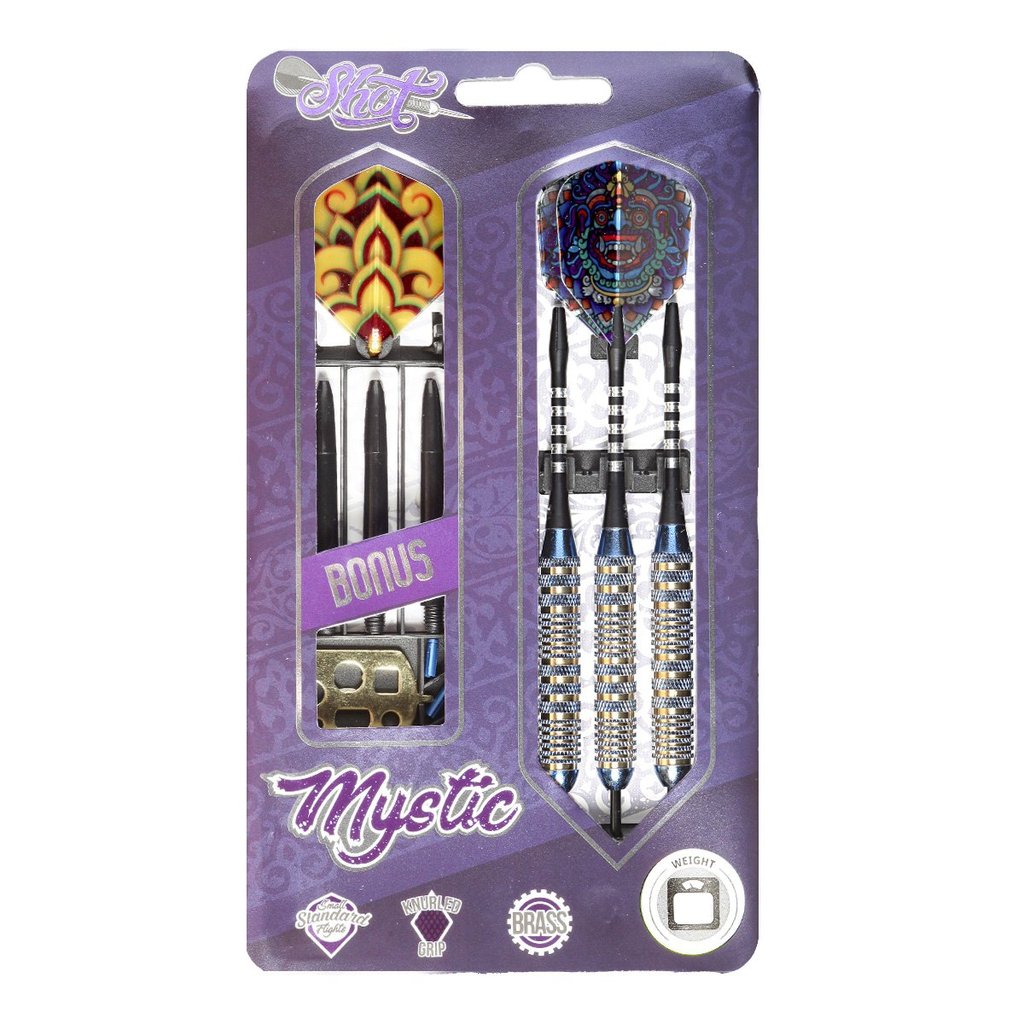 MYSTIC BLUE STEEL TIP DART SET-COLOUR PLATED BRASS BARRELS 25g darts - view 6