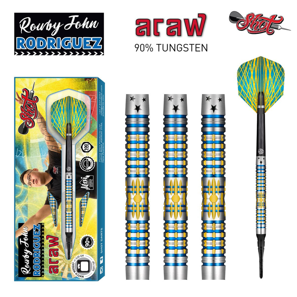Shot Darts Rowby-John Rodriguez Araw Soft Tip Dart Set-90% Tungsten Barrels darts